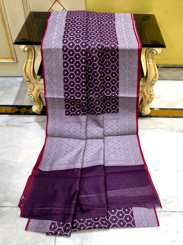 Cotton Resham Woven Nakshi Work Chanderi Saree in Plum Purple and Off White