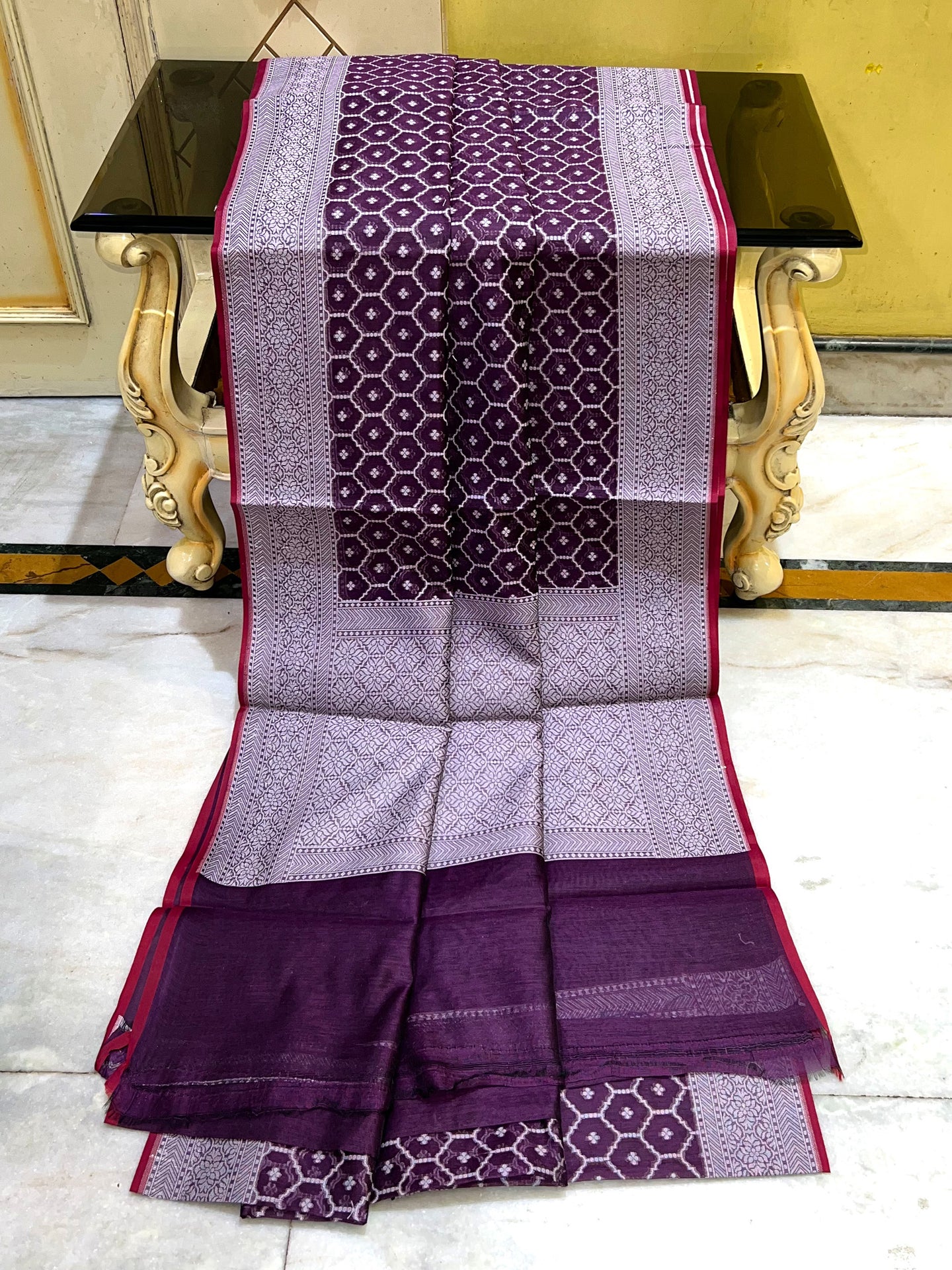 Cotton Resham Woven Nakshi Work Chanderi Saree in Plum Purple and Off White