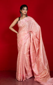 Tanchui Work Softy Katan Silk Saree in Soft Pink and Antique Golden