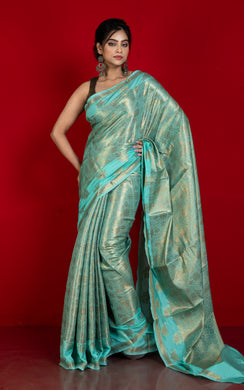 Tanchui Work Softy Katan Silk Saree in Cyan and Antique Golden