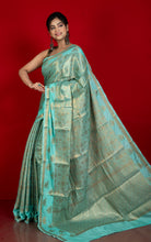 Tanchui Work Softy Katan Silk Saree in Cyan and Antique Golden