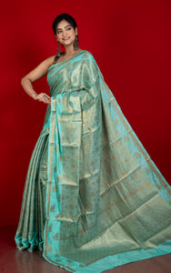 Tanchui Work Softy Katan Silk Saree in Cyan and Antique Golden