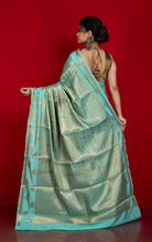 Tanchui Work Softy Katan Silk Saree in Cyan and Antique Golden