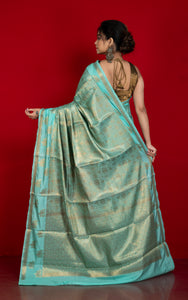 Tanchui Work Softy Katan Silk Saree in Cyan and Antique Golden
