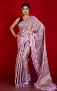 Tanchui Work Softy Katan Silk Saree in Light Lavender and Antique Golden