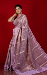 Tanchui Work Softy Katan Silk Saree in Light Lavender and Antique Golden