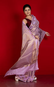 Tanchui Work Softy Katan Silk Saree in Light Lavender and Antique Golden