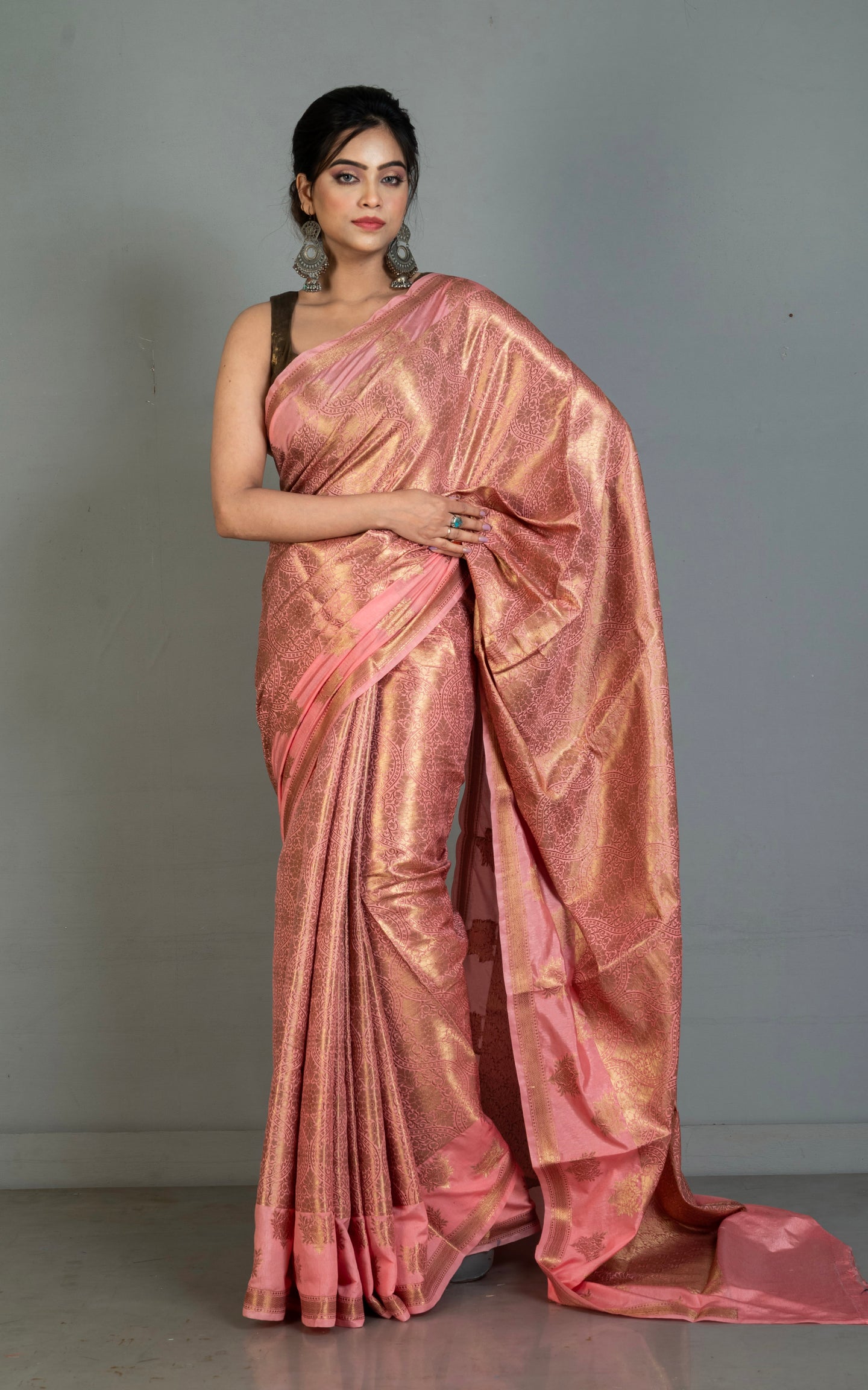 Tanchui Work Softy Katan Silk Saree in Sea Pink and Antique Golden