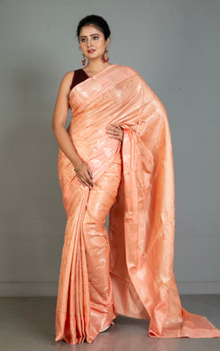 Tanchui Work Softy Katan Silk Saree in Deep Peach and Antique Golden