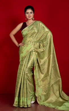 Tanchui Work Softy Katan Silk Saree in Light Olive and Antique Golden