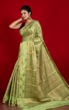 Tanchui Work Softy Katan Silk Saree in Light Olive and Antique Golden