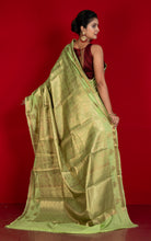 Tanchui Work Softy Katan Silk Saree in Light Olive and Antique Golden