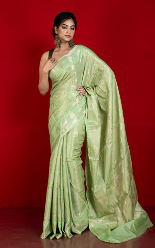 Tanchui Work Softy Katan Silk Saree in Pixie Green and Antique Golden