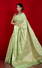 Tanchui Work Softy Katan Silk Saree in Pixie Green and Antique Golden