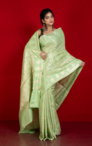 Tanchui Work Softy Katan Silk Saree in Pixie Green and Antique Golden