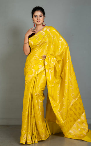 Tanchui Work Softy Katan Silk Saree in Bright Golden Yellow and Antique Golden