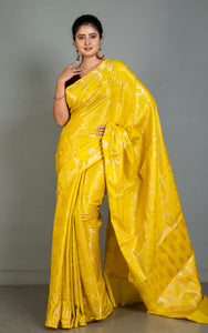 Tanchui Work Softy Katan Silk Saree in Bright Golden Yellow and Antique Golden