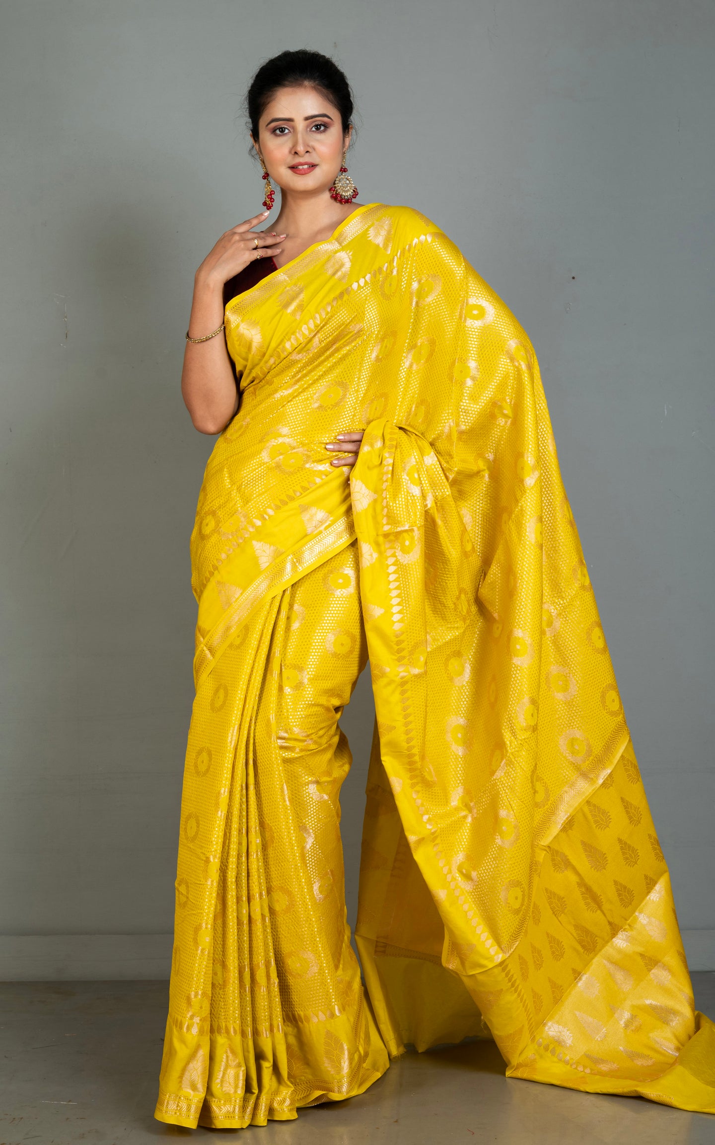 Tanchui Work Softy Katan Silk Saree in Bright Golden Yellow and Antique Golden