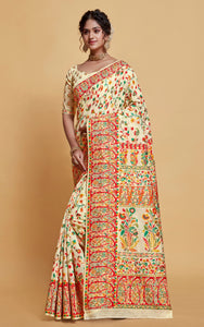 Kashmiri Handloom Modal Silk Woven Kani Saree In Pastel Cream, Red and Multicolored