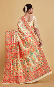 Kashmiri Handloom Modal Silk Woven Kani Saree In Pastel Cream, Red and Multicolored