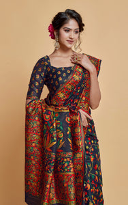 Kashmiri Handloom Modal Silk Woven Kani Saree In Navy Blue, Red and Multicolored