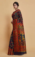 Kashmiri Handloom Modal Silk Woven Kani Saree In Navy Blue, Red and Multicolored
