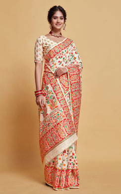Kashmiri Handloom Modal Silk Woven Kani Saree In White, Red and Multicolored 