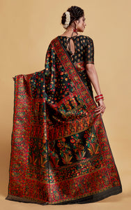 Kashmiri Handloom Modal Silk Woven Kani Saree In Black, Red and Multicolored