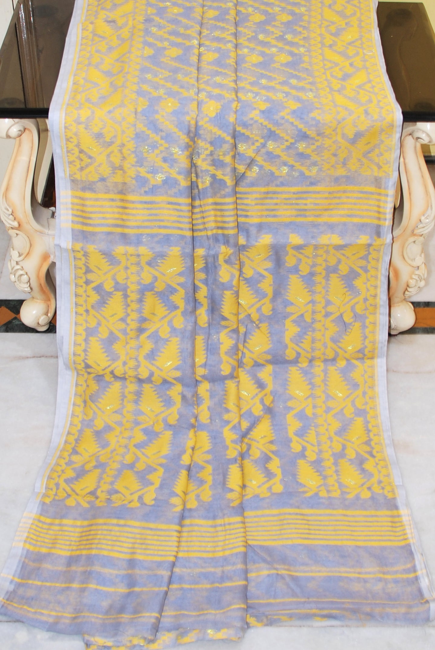 Traditional Cotton Muslin Soft Jamdani Saree in Cool Gray, Yellow and Gold