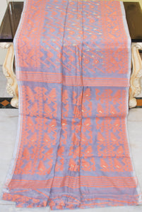 Traditional Cotton Muslin Soft Jamdani Saree in Cool Gray, Peach and Gold