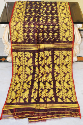 Traditional Cotton Muslin Soft Jamdani Saree in Wine, Munsell Yellow and Gold