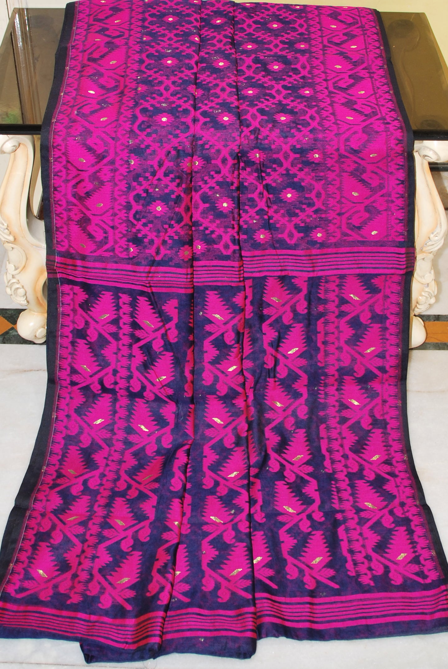 Traditional Cotton Muslin Soft Jamdani Saree in Navy Blue, Hot Pink and Gold