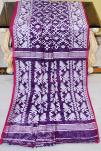 Traditional Cotton Muslin Soft Jamdani Saree in Eggplant Purple, Off White, Cerise Pink and Gold