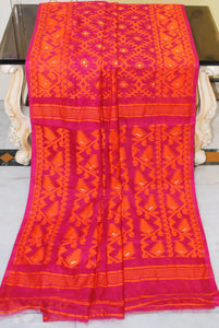 Traditional Cotton Muslin Soft Jamdani Saree in Hot Pink, Orange and Gold
