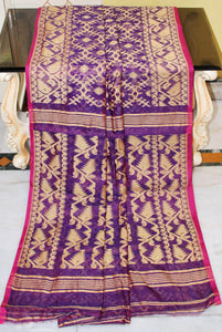 Traditional Cotton Muslin Soft Jamdani Saree in Violet, Beige and Gold
