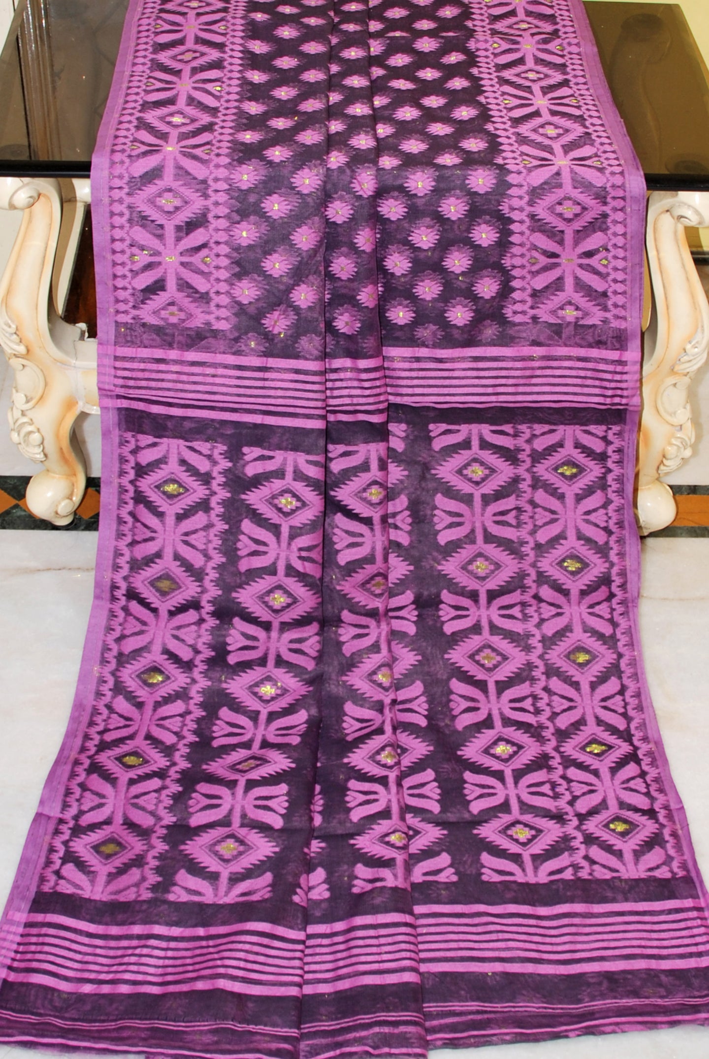 Traditional Cotton Muslin Soft Jamdani Saree in Black, Purple and Gold