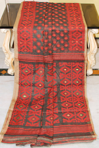 Traditional Cotton Muslin Soft Jamdani Saree in Fossil Grey, Red, Beige and Gold