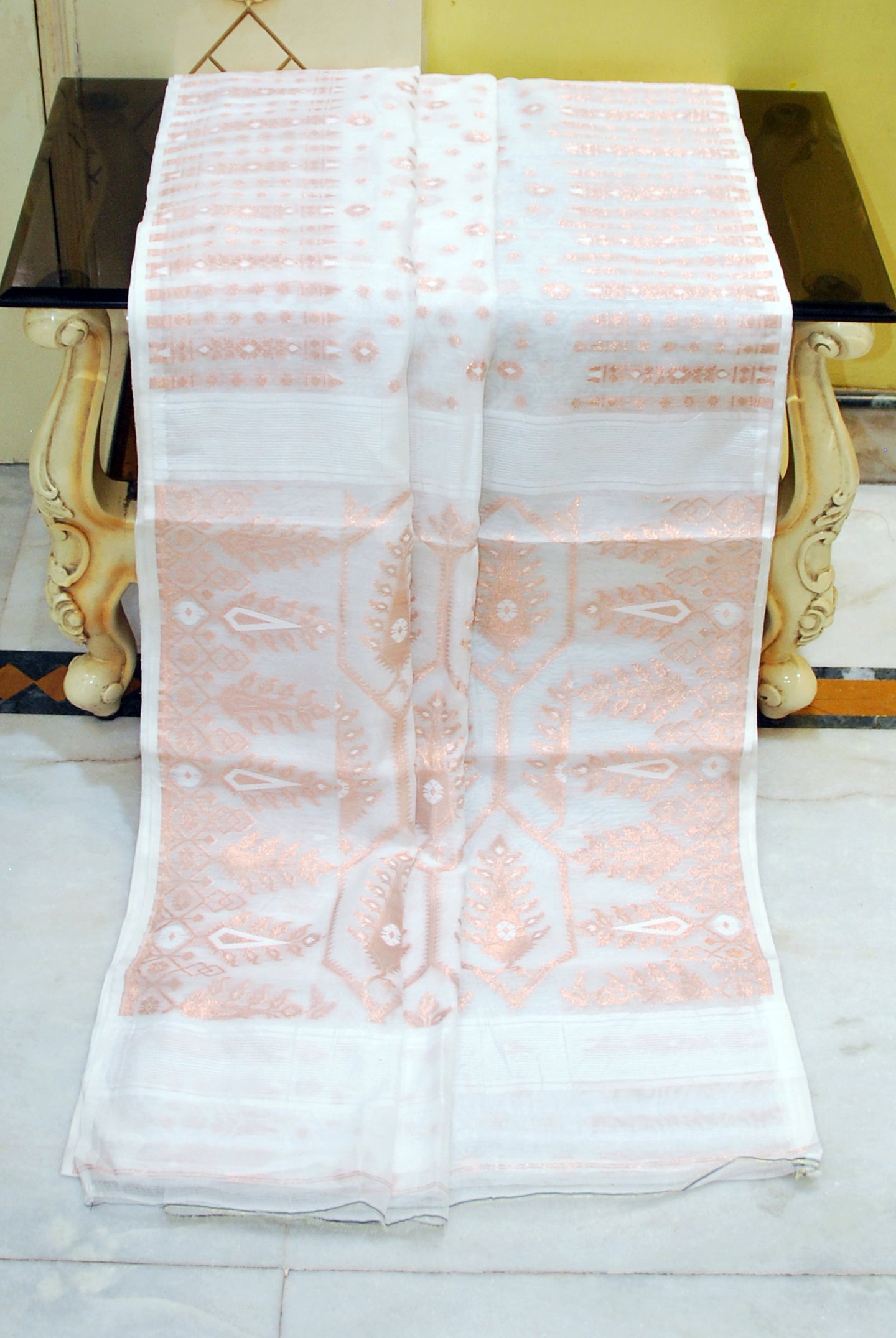 Soft Woven Jamdani Saree in White and Antique Gold