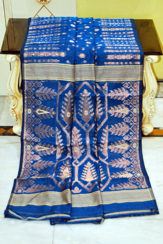 Soft Woven Jamdani Saree in Dark Blue, Beige and Antique Gold