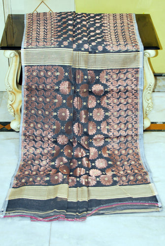 Soft Woven Jamdani Saree in Grey, Beige and Antique Gold