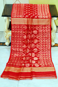 Soft Woven Jamdani Saree in Red, Beige and Antique Gold