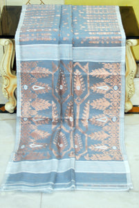 Soft Woven Jamdani Saree in Pastel Blue Grey, Off White and Antique Gold