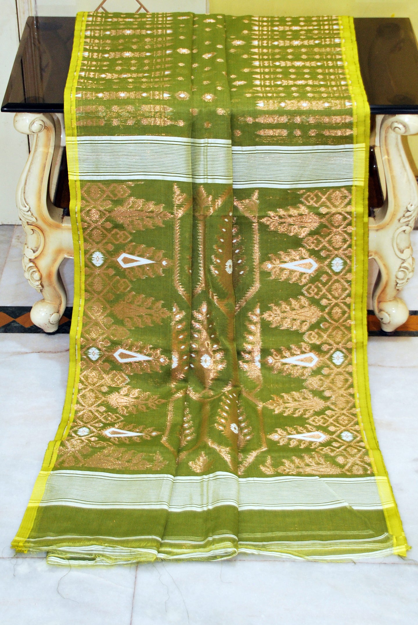 Soft Woven Jamdani Saree in Bright Olive Green, Off White and Antique Gold