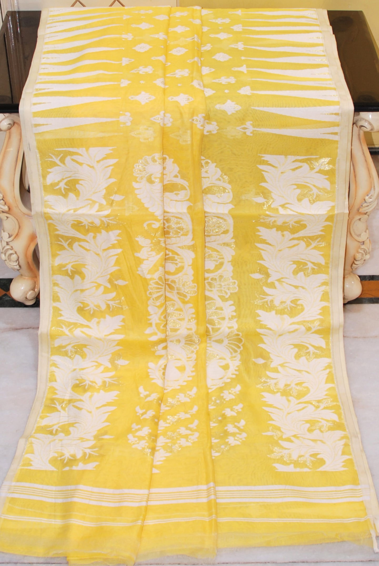 Temple Border Cotton Muslin Soft Jamdani Saree in Light Yellow, Off White and Gold