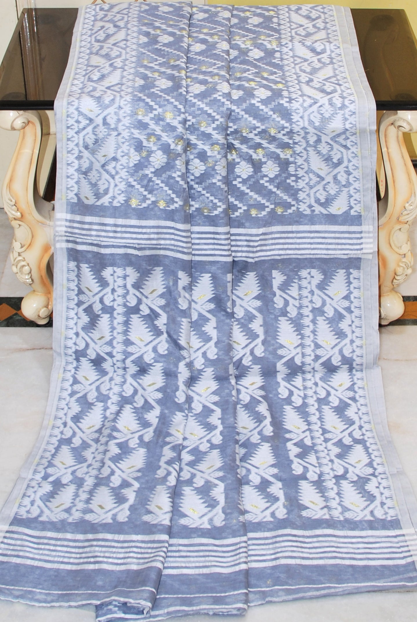 Traditional Cotton Muslin Soft Jamdani Saree in Slate Blue, Off White and Gold