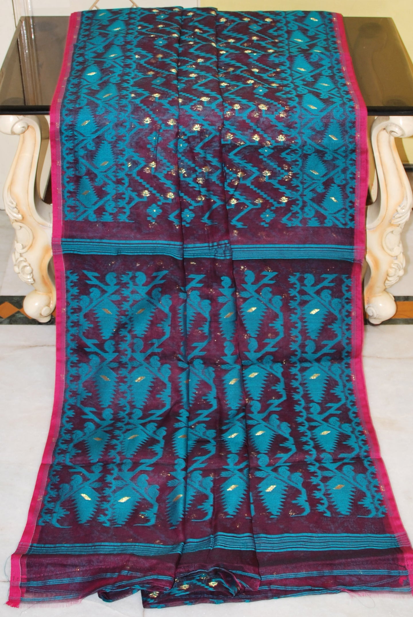 Traditional Cotton Muslin Soft Jamdani Saree in Wine, Teal Blue and Gold