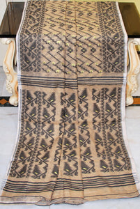 Traditional Cotton Muslin Soft Jamdani Saree in Dark Beige, Black and Gold