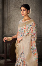 Woven Pashmina Silk Saree In Off White with Antique Gold and Multicolored Minakari Thread Work