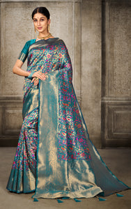 Woven Pashmina Silk Saree In Turquoise with Antique Gold and Multicolored Minakari Thread Work