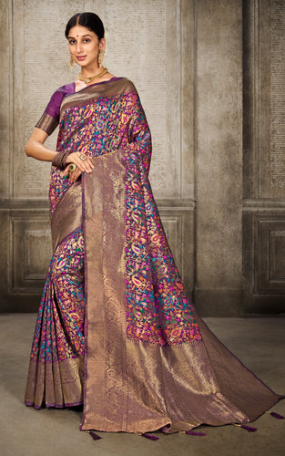 Woven Pashmina Silk Saree In Wine with Antique Gold and Multicolored Minakari Thread Work